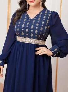 Al Najma Plus Size Embossed Gold Print Splice Embroidered Jacquard Strap Dress - Blue - View 1