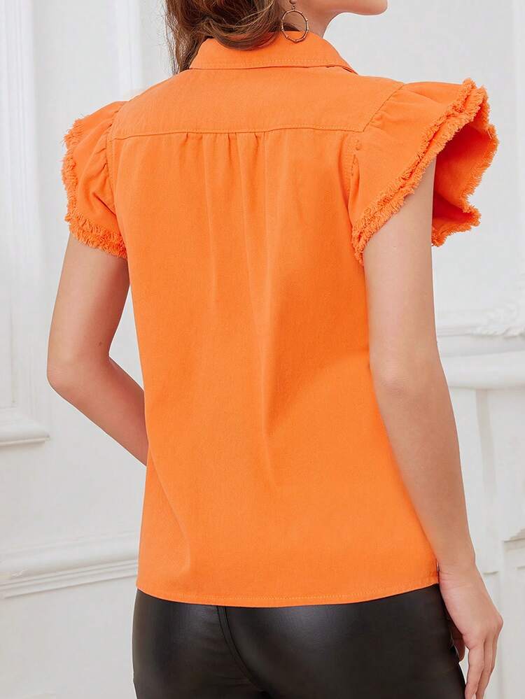 Solid Color Frayed Cap Sleeve Denim Top