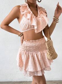 Breezaya Ensemble deux-pièces avec broderie ajourée et volant de couleur unie - Vieux Rose - Voir 5