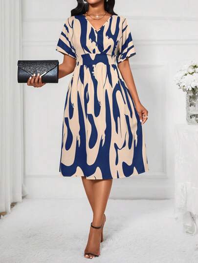 Lyxana Vestido Maxivestido de mujer con mangas tipo murciélago y cintura elástica en estampado aleatorio