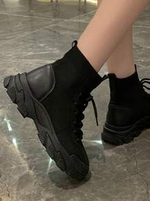 Women High Top Knit Lace-Up Front Sock Sneakers - Black - View 2