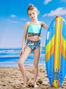 SHEIN 少女热带印花字母交叉胶带比基尼套装夏日海滩 - 彩色 - 查看 3