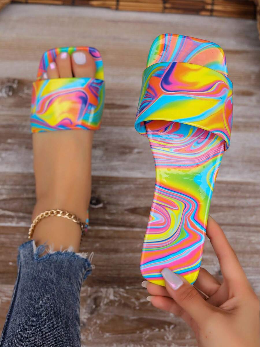 女士塗鴉彩虹拼色平底拖鞋，新款時尚糖果色沙灘防滑拖鞋，配方形前端 - 藍色 - 查看 1