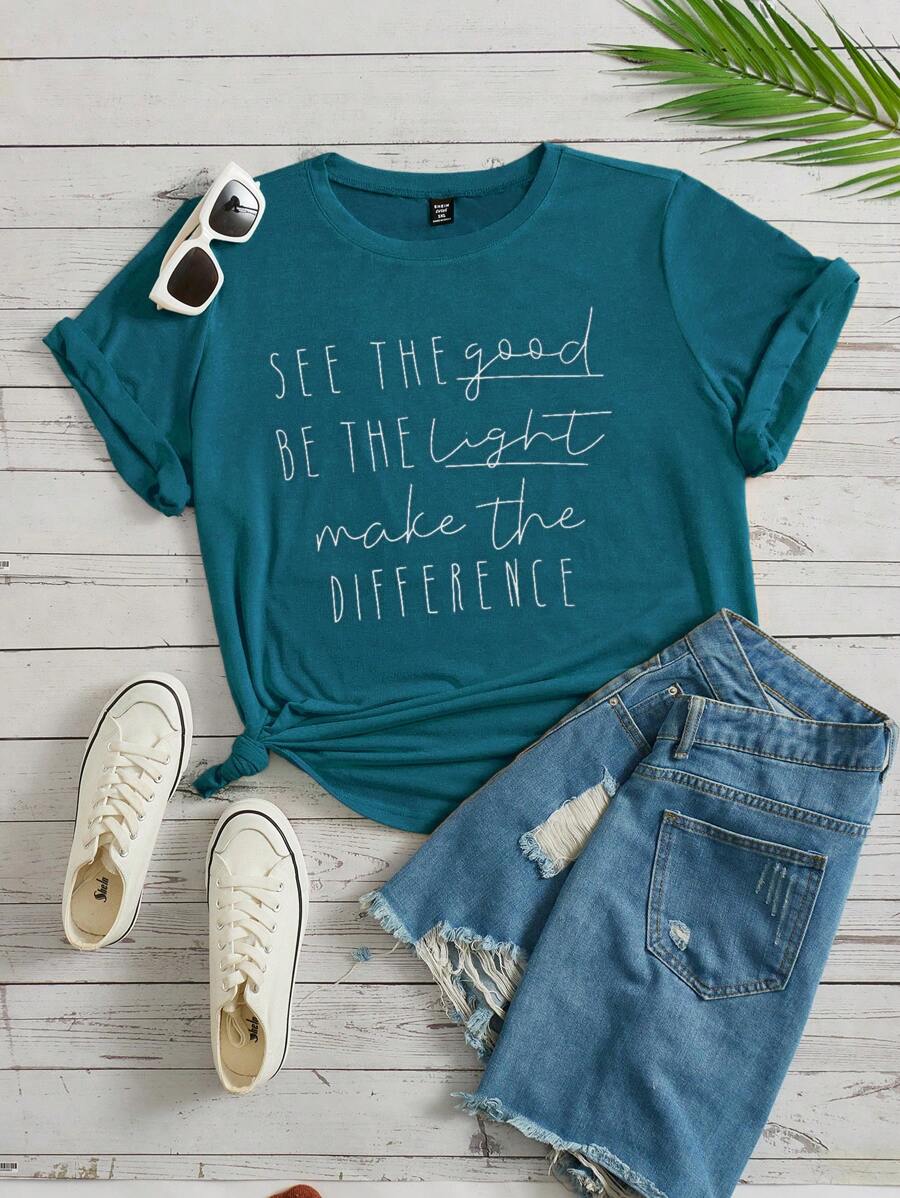 SHEIN Essnce Plus Slogan 图案 T 恤 发现美好 成为光明 为夏天创造不同 - 水鴨藍 - 查看 1