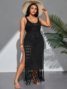 Swim Lushoire Summer Beach Plus Size Solid Color Drawstring Waist Hollow Out High Split Tassel Cover-Up