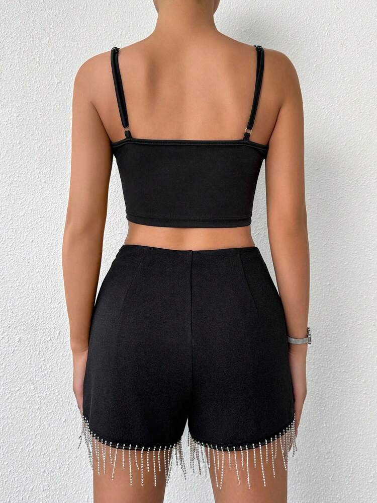 Women's Elegant Commuting To Work Casual Versatile Party Date Black Shorts Decorated With Diamond Tassels
