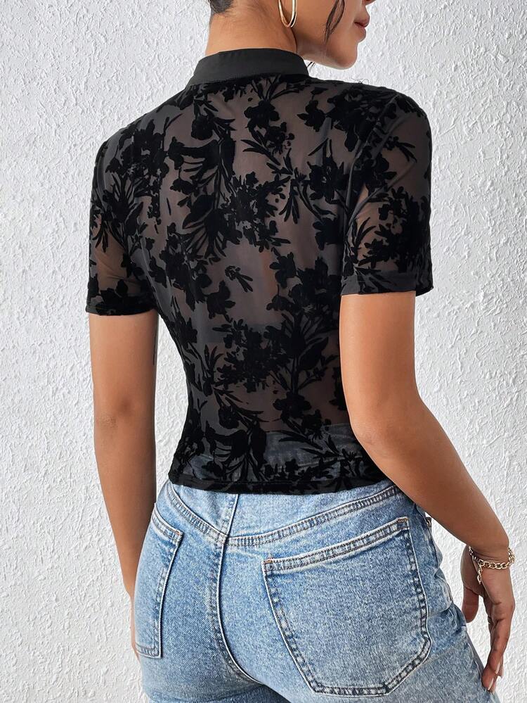 Plant Embroidered Transparent Top With Button Detail