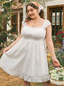 Dreamara Plus Size Sleeveless Ribbed Dress With Frill Trim Detail - White - View 1