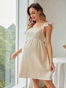 SHEIN Maternity Summer City Casual Wear Ruffled Back Fitted Short Dress - Apricot - View 5