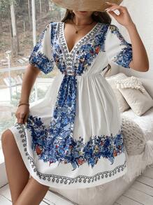 Flirla Đầm Boho in họa tiết cổ chữ V cỡ lớn cho mùa hè, trang phục đi biển dành cho nữ - Xanh và trắng - Xem 6