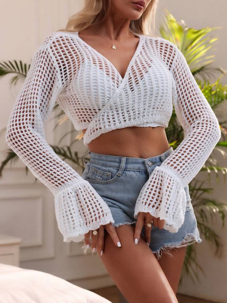 Summer Women's Solid Color Wrap Back Knot Flared Sleeve Cropped Kimono