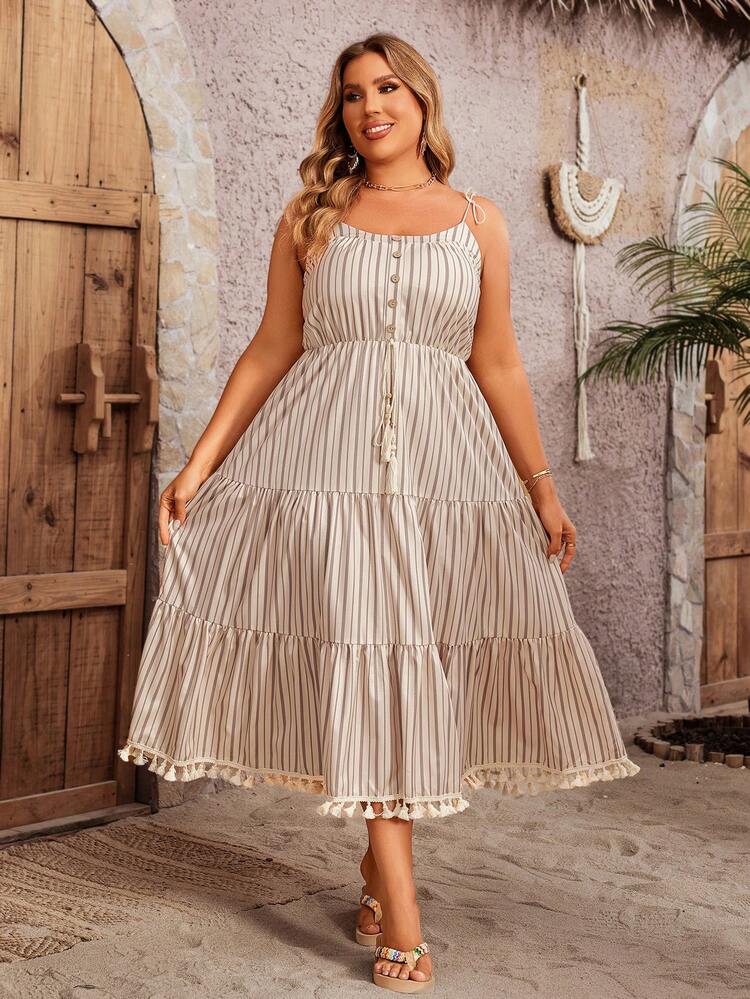 Plus Size Striped Fringed Hem Cami Dress