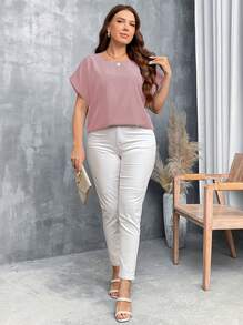 SHEIN LUNE Camisa azul de cuello redondo holgada de estilo casual básico con efecto de mezclilla y hombros caídos para tallas grandes - Rosa vieja - Ver 4