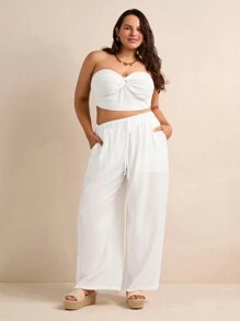 Forever 21 Conjunto De Top Crop E Calça Dianteira Com Torção Em Cor Sólida Para Mulheres De Tamanho Grande