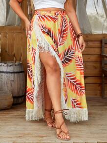 SHEIN LUNE Plus Size Music Festival Beach Fringe Patchwork Wrap Style Tiered Skirt Fall Cloth For Women - Yellow - View 5