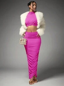 SHEIN BAE 高領褶皺短上衣和貼身裙套裝，適用於休閒派對 - 玫紅色 - 查看 5