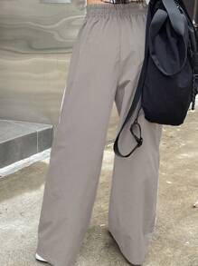 DAZY 女士對比邊飾鬆緊腰寬腿褲 - 淺灰色 - 查看 2