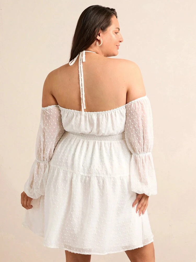 Plus Size Women's Open Shoulder Ruffle Flare Sleeve Dress With Asymmetrical Hem