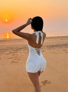 Zolique Women's Halter Neck Eyelet Tie Back Close-Fitting Romper Unitard For Holiday Party Clothes - White - View 3