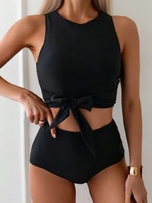 Swim Lushoire Insieme Bikini A Vita Alta Con Fiocco Frontale E Tinta Unita Per Donne, Costume Da Bagno Per La Spiaggia Estiva