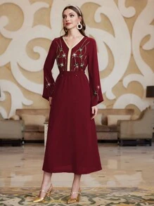 Al Najma V-Neck Arabesque Embroidery Dress Embellished With Rhinestones - Red - View 7
