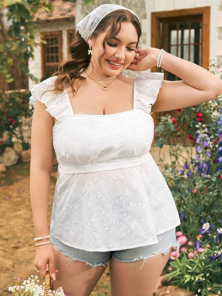 Plus Size Hollow Out Embroidered Square Neckline Ruffle Trimmed Blouse Summer Women Tops