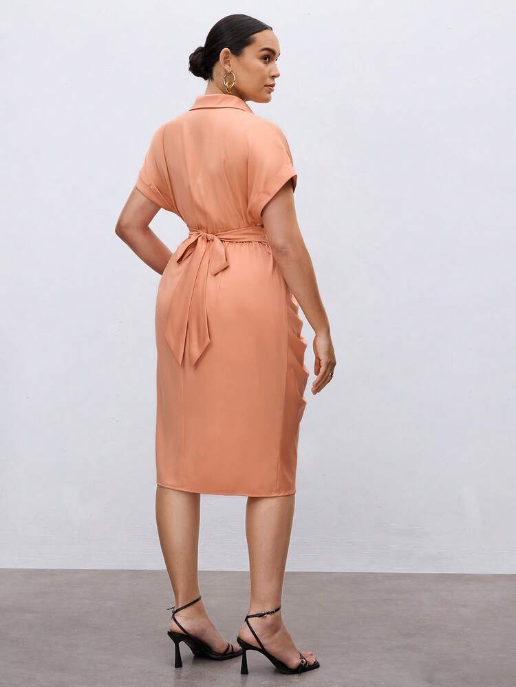 Plus Size Women Solid Color Pleated Shirt Dress, Casual Summer Dress