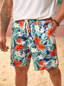 Manfinity RSRT Ensemble casual d'été pour hommes de grande taille, t-shirt et short à imprimé tropical contrasté, plage, Hawaï, tropical, coloré, manches courtes - Multicolore - Voir 4