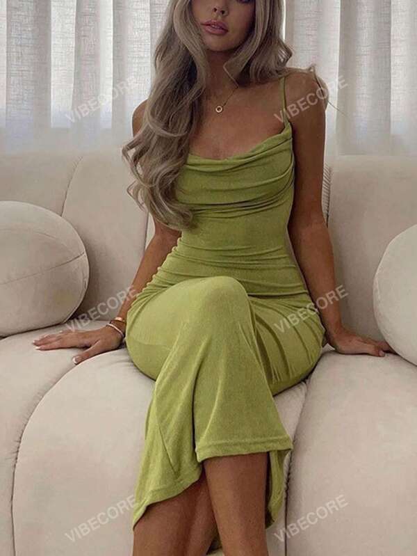 Vestido Swing Feminino de Verão, Colarinho Sólido, Sexy e Com Decote nas Costas, Elegante para Festa, Férias, Noite, Primavera e Verão