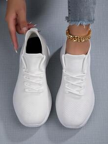 女款增高軟底舒適圓頭鞋帶運動鞋,夏季白色休閒透氣網布運動鞋 - 白色 - 查看 3