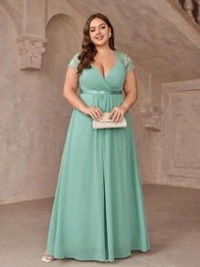 SHEIN Belle Vestido Elegante De Dama De Honor Para Mujer Con Parche De Encaje - Verde - Ver 3