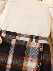 SHEIN 少女實色方領泡泡袖上衣和格紋裙子套裝 - 杏色 - 查看 4