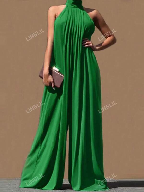 Mono Verde De Mujer Sin Mangas Con Cuello Halter Y Bolsillos Para Uso Casual De Verano