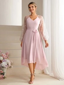 SHEIN Belle 亮片網紗燈籠拼接腰帶伴娘禮服 - 淺粉色 - 查看 1