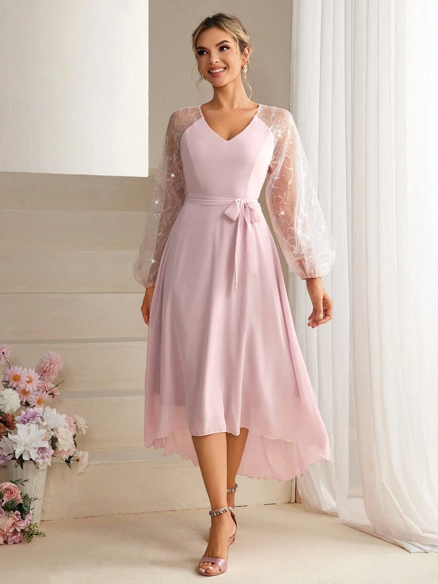 SHEIN Belle 亮片網紗燈籠拼接腰帶伴娘禮服 - 淺粉色 - 查看 1