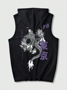 ROMWE MEN Anime Áo ba lỗ trùm đầu có dây rút họa tiết rồng và chữ Nhật dành cho nam, đi học - màu đen - Xem 1