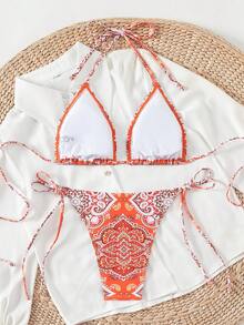 SHEIN Swim Bộ bikini in hoa cổ điển đi biển mùa hè - Đỏ - Xem 2
