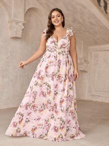SHEIN Belle Plus Size Women's Thistle Romantic Ruffle & Floral Print Embellished Rope Romantic Sweet Bridesmaid Dress Wedding Formal Dress - Multicolor - View 2