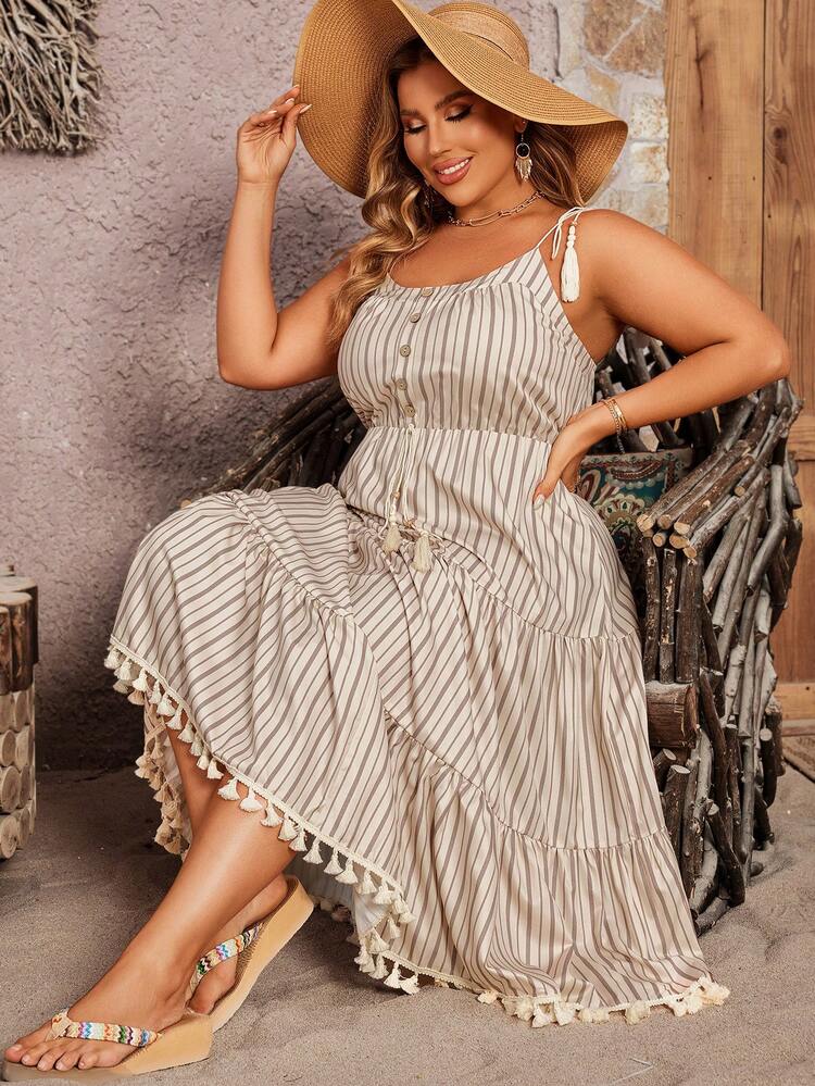 Plus Size Striped Fringed Hem Cami Dress