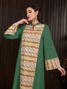 Al Najma Women's Fashionable Printed Patchwork Long Sleeve Arabian Dress