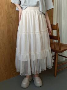 FRIFUL 女性網紗和褶邊中長裙 - 米色 - 查看 3