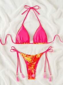 SHEIN Swim 水洗染v領頸掛比基尼套裝