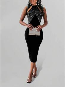 Lyxana Sleeveless Fashionable Rhinestone Decor Bodycon Dress