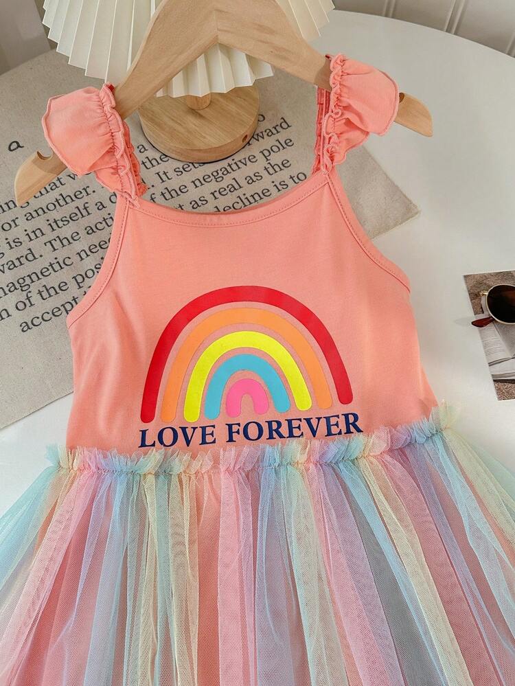 Tween Girls' Everyday Casual Spring/Summer Knit Patchwork Rainbow Letter Print Flounce Dress