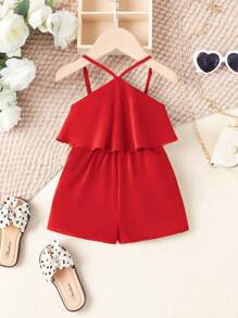 SHEIN Baby Girl Casual And ComforRuffle Ruffle Romper - Red - View 1