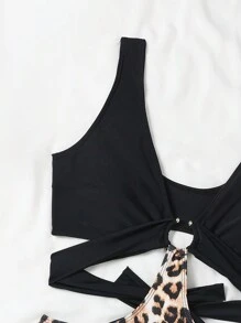 SHEIN Swim Summer Beach Splicing Leopard Hollow Out V-Neck Ring Linked One-Piece Swimsuit - Multicolor - View 7