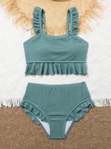 特殊面料和褶邊設計的TWEEN女孩單肩荷葉比基尼 - 軍綠色 - 查看 3