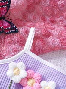 Baby Girl 3d Flower Color Blocking Edge Strap Romper - Purple - View 5
