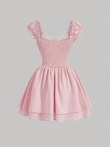 SHEIN MOD Vestido de mujer con encaje contrastante, tirantes anchos, cintura definida y corte acampanado - Rosa - Ver 2