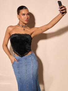 SHEIN BAE Ruched Bust Contrast Lace Bandana Velvet Top - Black - View 3
